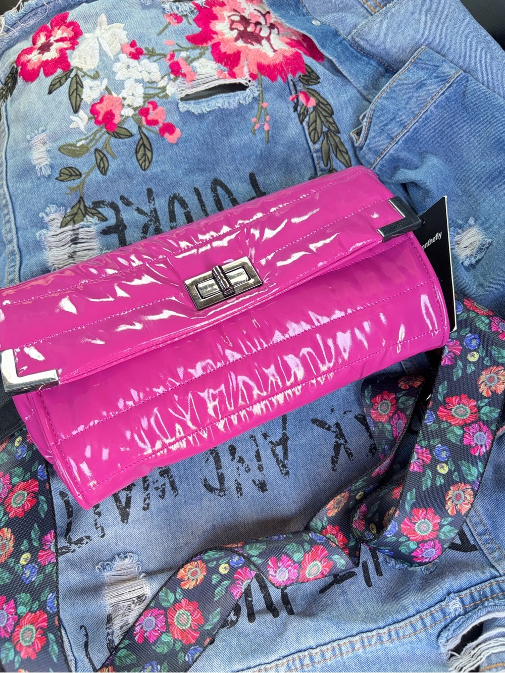 THINK ROYLN Patent Fuchsia Crossbody with Floral Strap